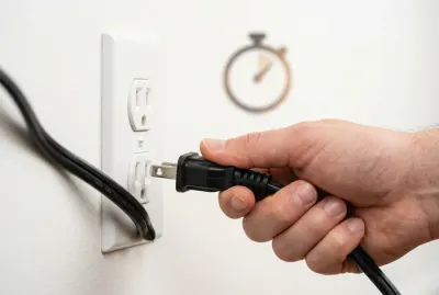 Gros plan d'une main branchant un réfrigérateur avec symbole de délai d'attente