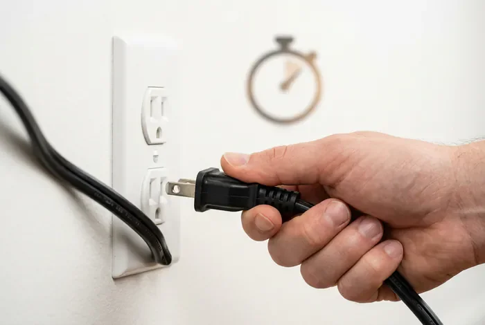 Frigo couché 24h : Quel délai pour le rebrancher ? - Frigo couché 24h : Guide ultime pour sauver votre moteur - Frigo couché 24h : faut-il attendre avant de le rebrancher ? Gros plan d'une main branchant un réfrigérateur avec symbole de délai d'attente