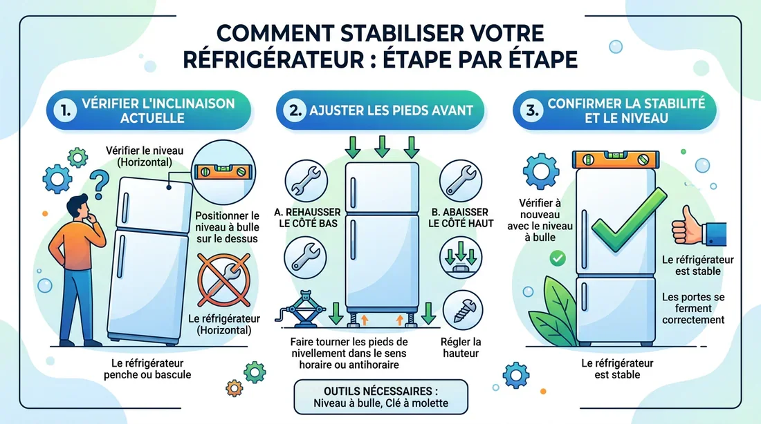 Comment stabiliser son réfrigérateur Schéma explicatif pour stabiliser les pieds d'un réfrigérateur