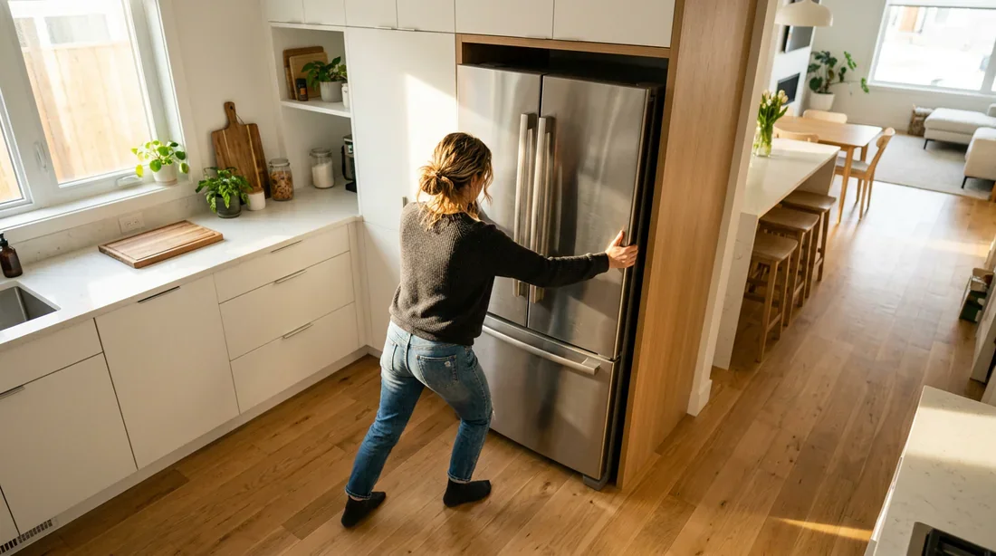 Ajustement d'un réfrigérateur dans une cuisine moderne Une personne réalignant un réfrigérateur moderne dans une cuisine lumineuse