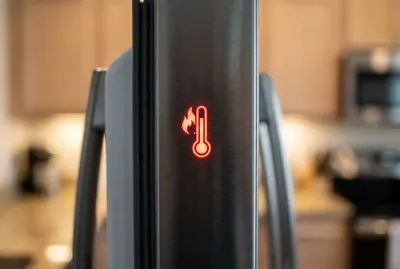 Icône de thermomètre rouge sur le côté d'un réfrigérateur pour illustrer la surchauffe.