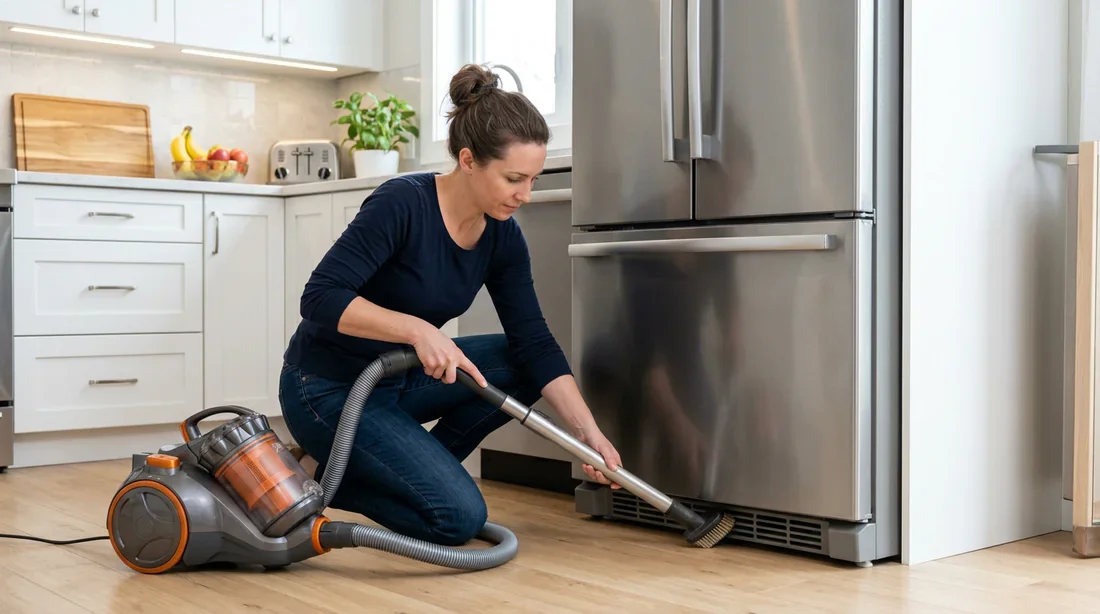 Entretien de la ventilation du réfrigérateur Personne nettoyant la grille de ventilation d'un réfrigérateur avec un aspirateur.