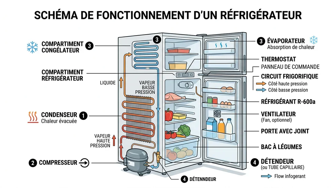 Fonctionnement interne d'un réfrigérateur Schéma technique des composants d'un réfrigérateur expliquant le cycle de refroidissement.