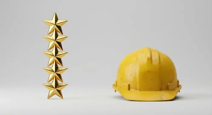 Groupe Pichet avis : Analyse complète 2025 - Avis Groupe Pichet : Faut-il investir ou fuir ? - Groupe Pichet : Un promoteur fiable ? Notre avis Collage montrant 5 étoiles dorées et un casque de chantier jaune sur fond neutre.