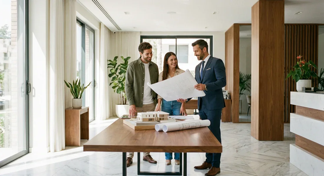 Conseiller immobilier présentant un projet à un couple de clients.