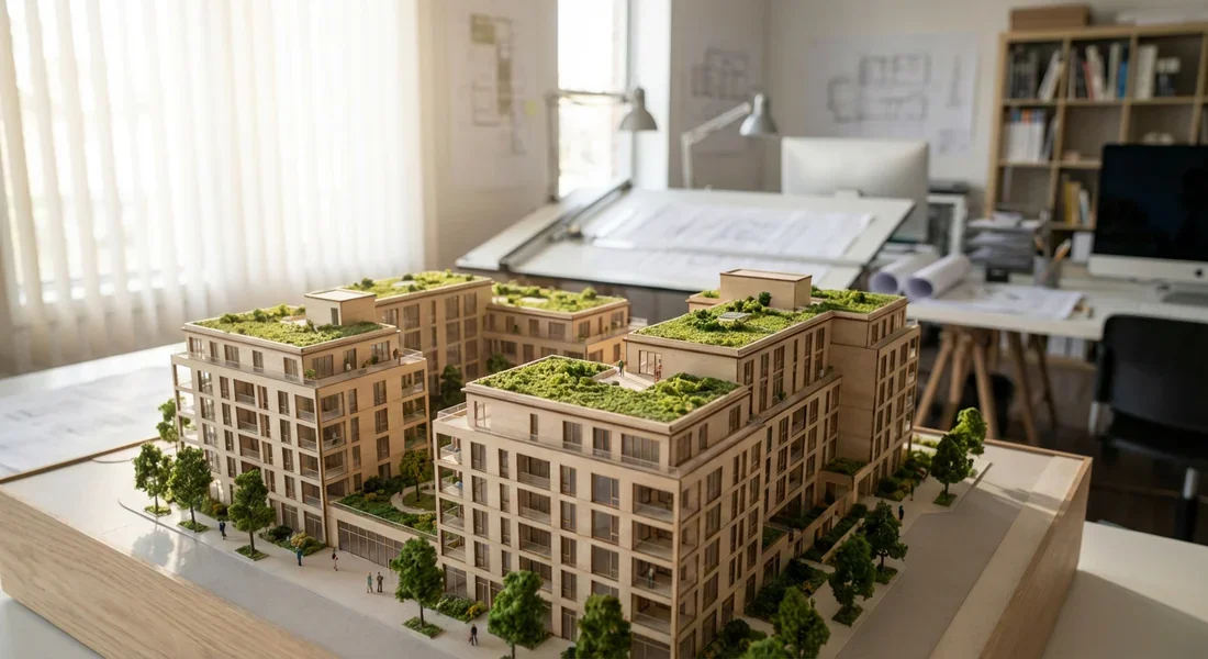 Maquette architecturale détaillée d'un projet immobilier urbain.