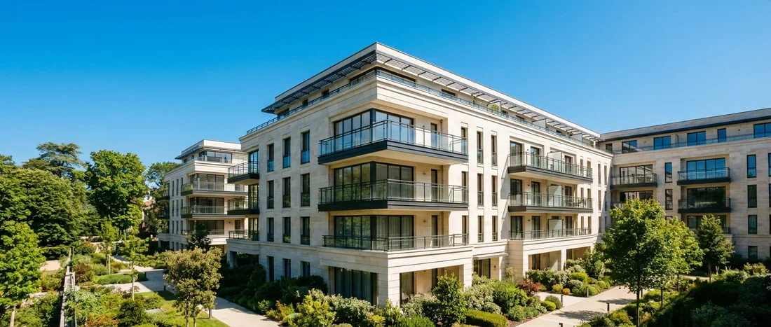 Résidence moderne neuve avec balcons et architecture contemporaine sous un ciel bleu.