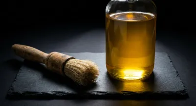 Flacon d'huile de lin dorée et pinceau de précision sur carrelage