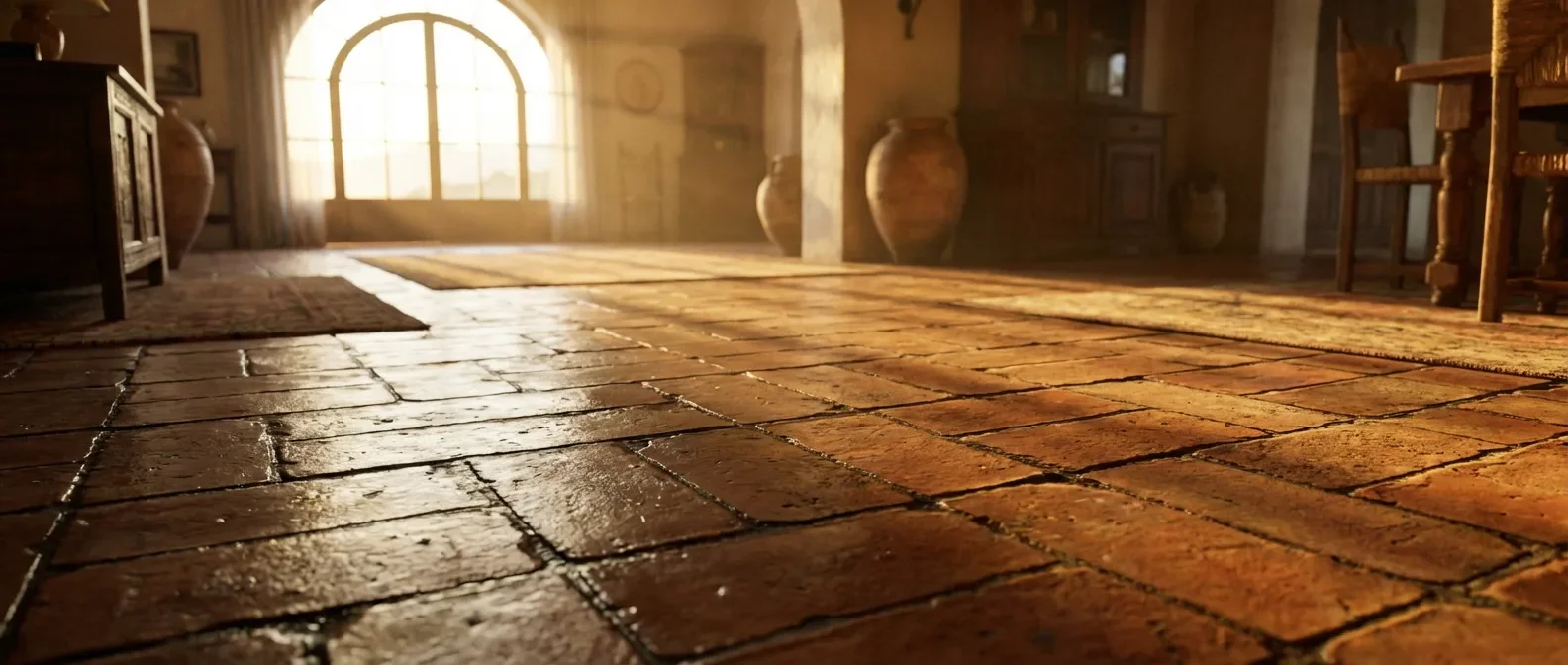 Sol en terre cuite luxueux traité à l'huile de lin sous une lumière naturelle chaude