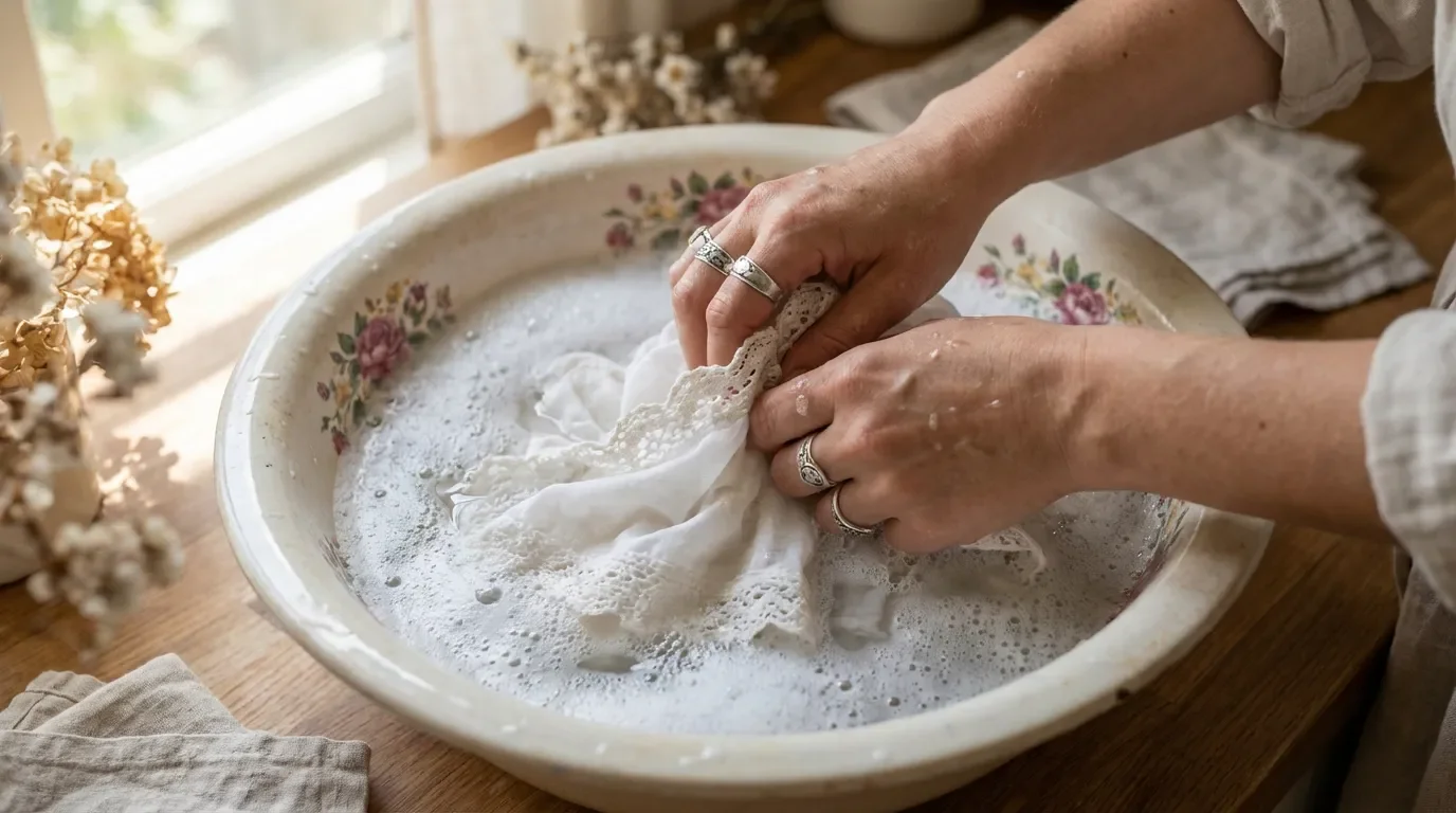 Lavage à la main d'une nappe blanche dans une bassine avec de l'eau savonneuse.