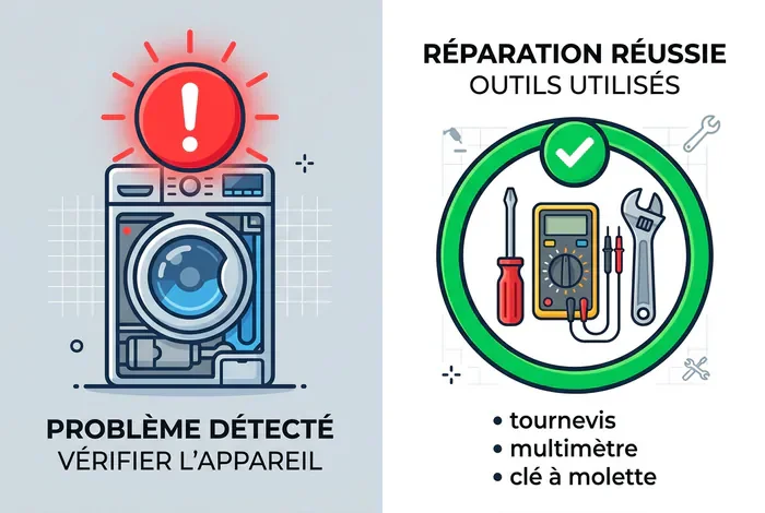 Indesit clignote et ne démarre pas : 5 solutions - Machine Indesit clignote ? Réparez-la en 10 min ! - Pourquoi votre Indesit clignote sans démarrer ? Infographie des outils pour réparer les voyants d'un lave-linge Indesit.