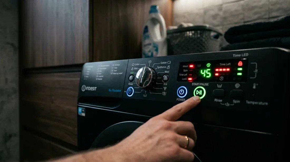 Diagnostic des voyants clignotants lave-linge Indesit Panneau de commande d'un lave-linge Indesit avec voyants lumineux clignotants.