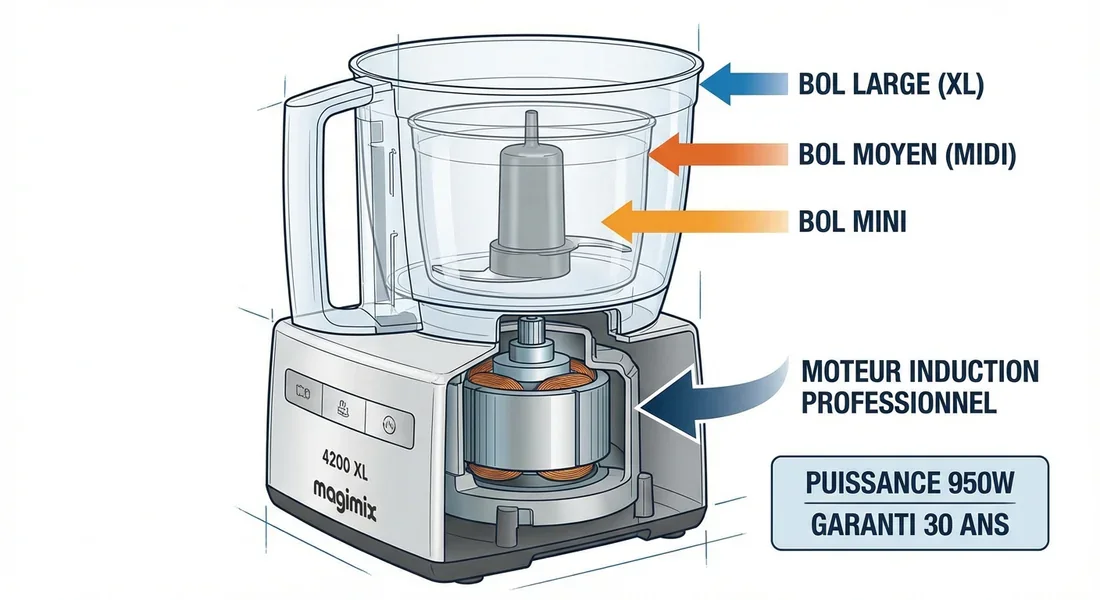 Infographie montrant les caractéristiques techniques et les trois cuves du Magimix 4200 XL.