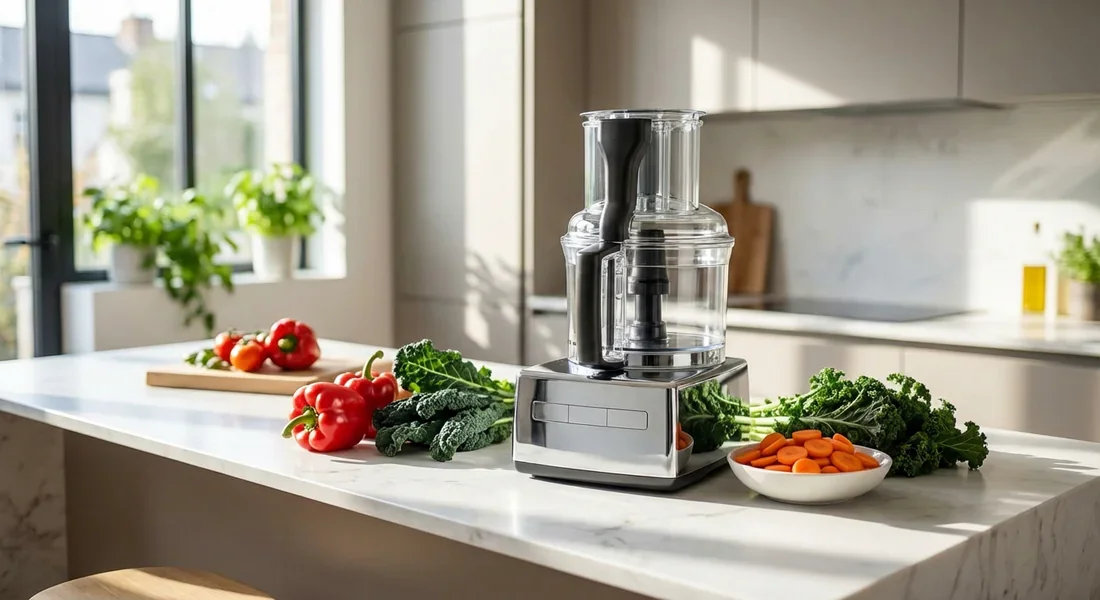 Robot multifonction Magimix 4200 XL chromé sur un plan de travail avec des légumes frais.