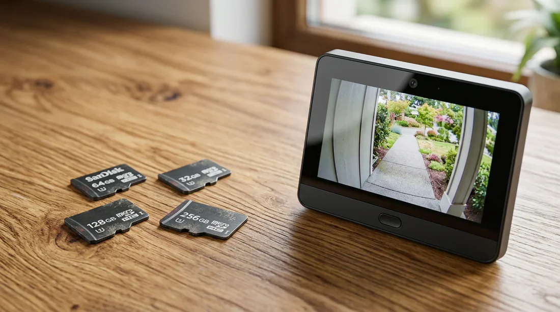 Différentes cartes micro-SD posées à côté d'un moniteur de visiophone