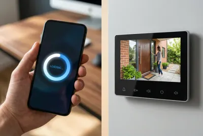 Écran divisé montrant un smartphone avec icône de chargement et un écran de visiophone Extel