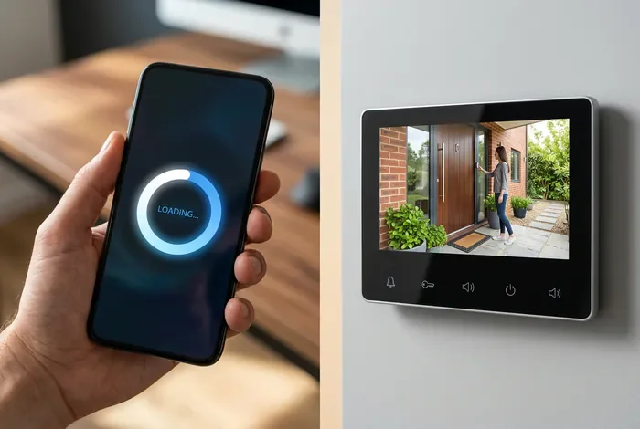 Écran divisé montrant un smartphone avec icône de chargement et un écran de visiophone Extel