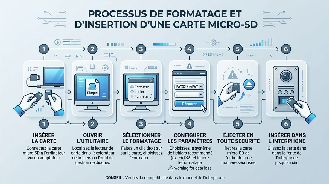 Infographie expliquant comment formatter une carte micro-SD pour visiophone
