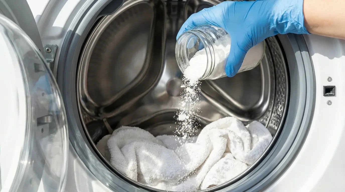 Application de bicarbonate de soude directement dans le tambour de la machine à laver pour le nettoyage.