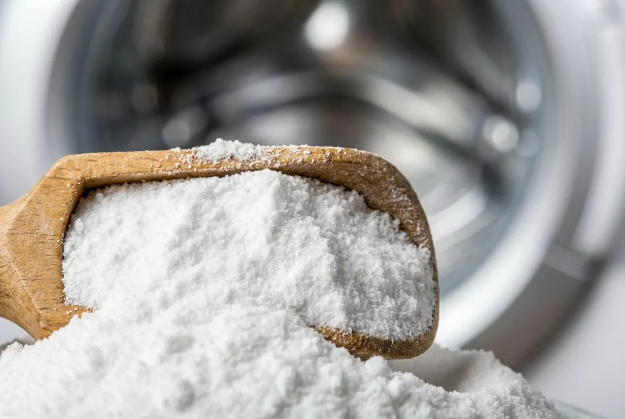 Gros plan sur une cuillère de bicarbonate de soude devant un tambour de lave-linge.