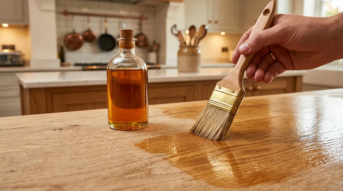 Nourrir et protéger le bois en profondeur Application d'huile nourrissante sur un plan de travail en bois