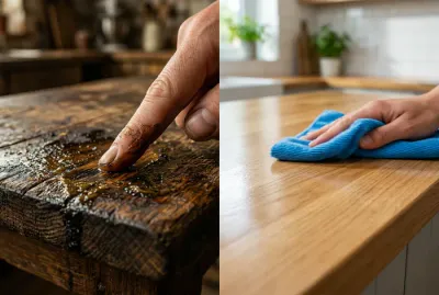 Comparaison avant après nettoyage d'un plan de travail en bois