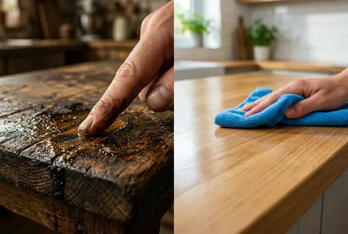 Comparaison avant après nettoyage d'un plan de travail en bois