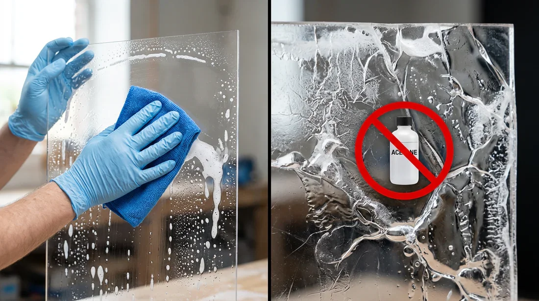 Comparaison entre un entretien correct du plexiglas et les dommages causés par l'acétone