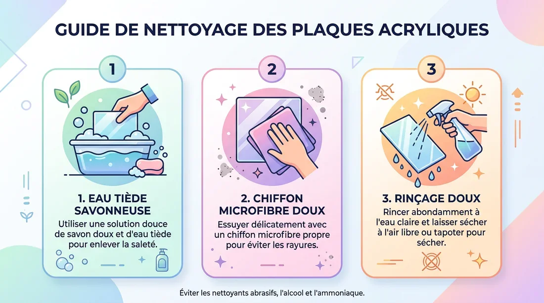 Infographie des étapes pour nettoyer correctement le plexiglas
