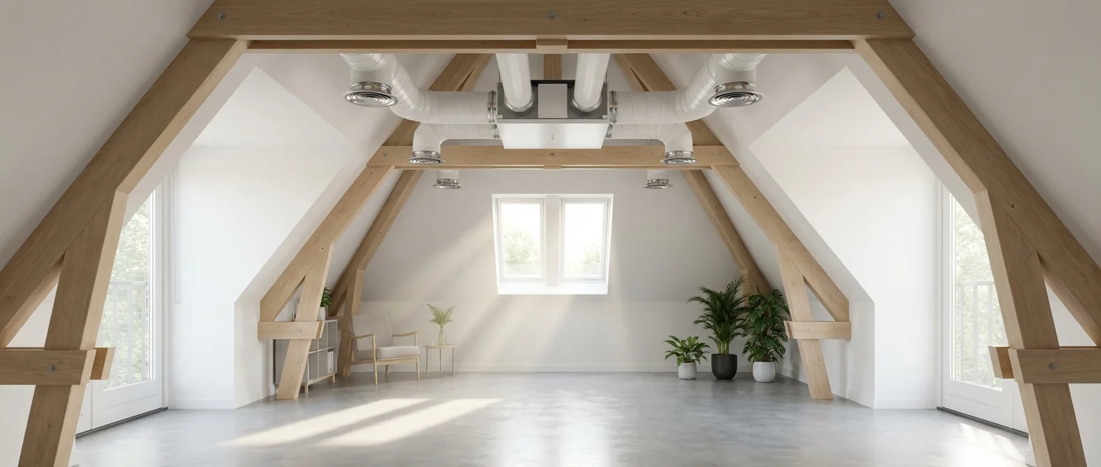 Vue panoramique cinématique d'un système de ventilation VMC dans des combles modernes et propres.