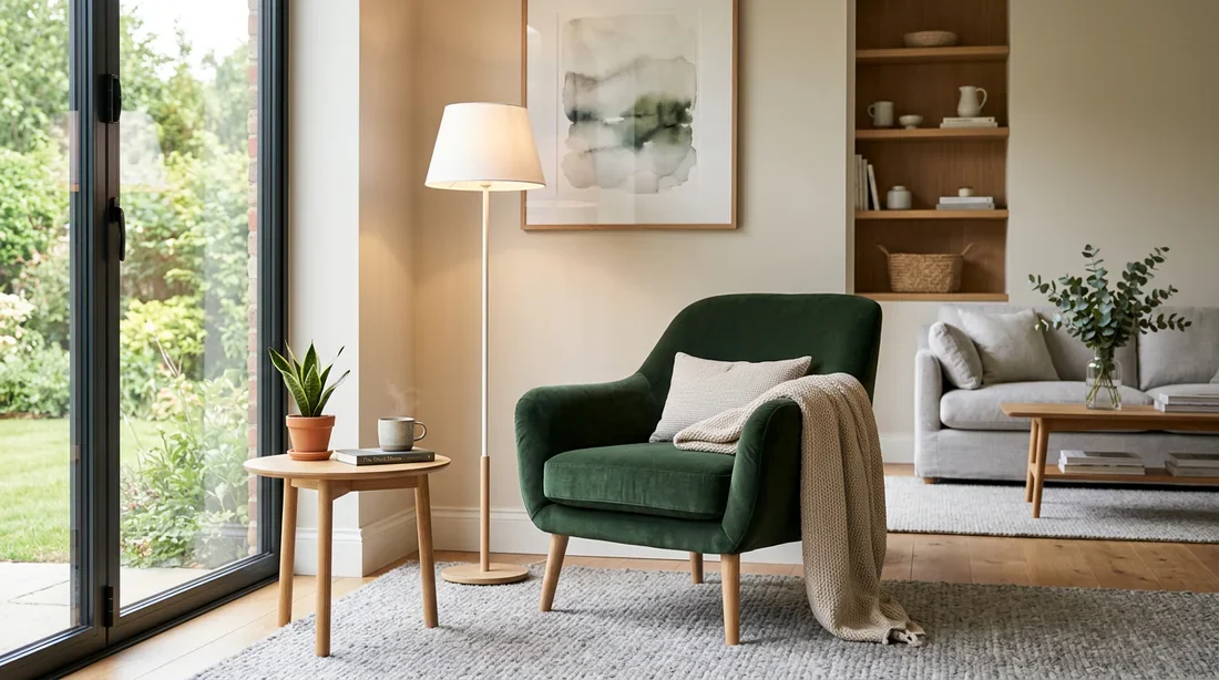 Fauteuil en velours scandinave Nimara dans un salon lumineux
