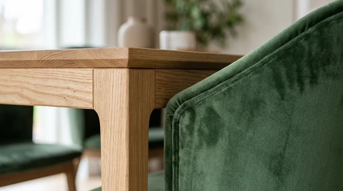 Gros plan sur les finitions et tissus des chaises Nimara