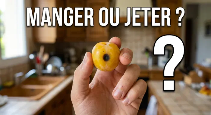 Peut-on manger des mirabelles noircies ? Réponse 2026 - Mirabelles noircies : Danger ou Délice ? Le Verdict - Faut-il jeter les mirabelles noircies ? Notre réponse Main tenant une mirabelle noircie avec la question Manger ou Jeter