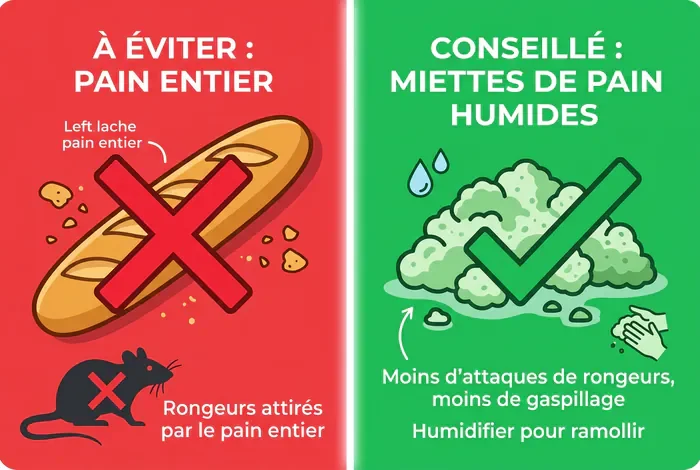 Peut-on mettre du pain dans le composteur ? - 5 Astuces pour le Pain au Compost - Pain au compost : bonne ou mauvaise idée ? Infographie comparant le pain entier non recommandé et le pain émietté pour le compost