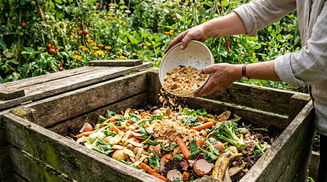 Ajout de pain sec au compost Personne déposant des miettes de pain sec dans un composteur de jardin avec des épluchures de légumes