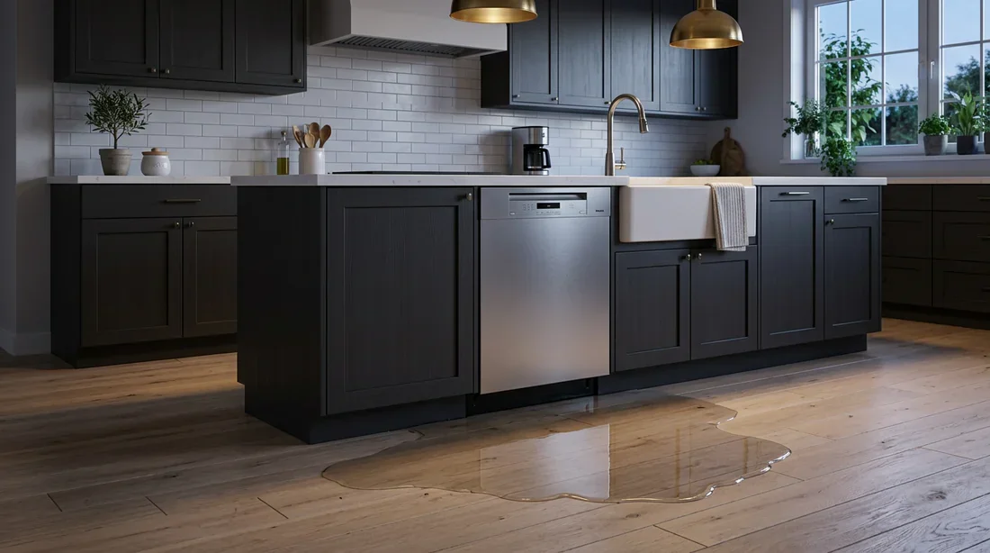 Cuisine moderne avec une fuite d'eau sous un lave-vaisselle