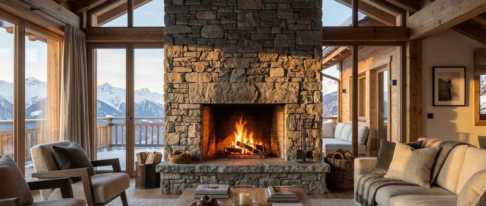 Cheminée en pierre luxueuse dans un salon chaleureux avec lumière dorée.