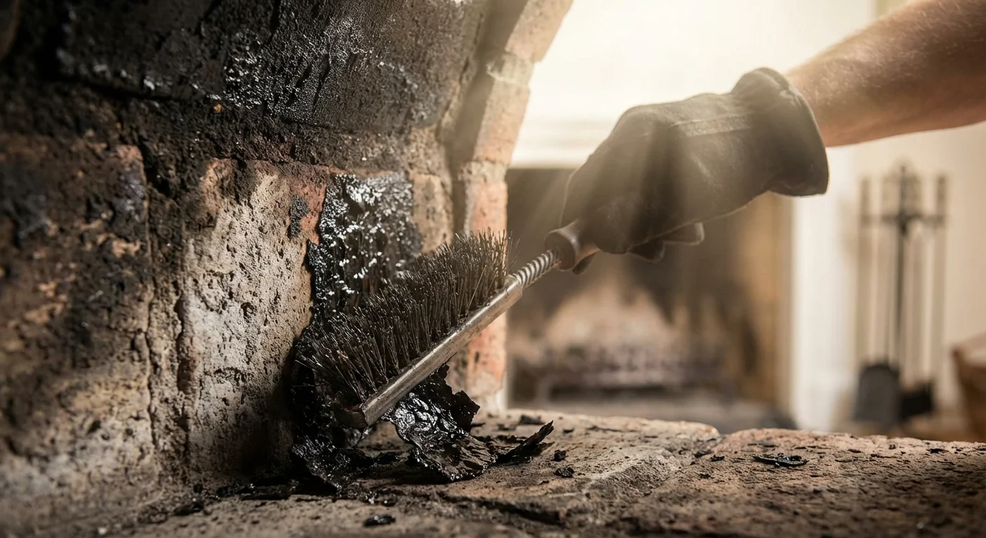 Gros plan sur l'élimination du bistre noir d'un conduit de cheminée.