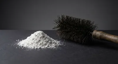 Poudre naturelle et brosse de ramonage sur fond sombre.