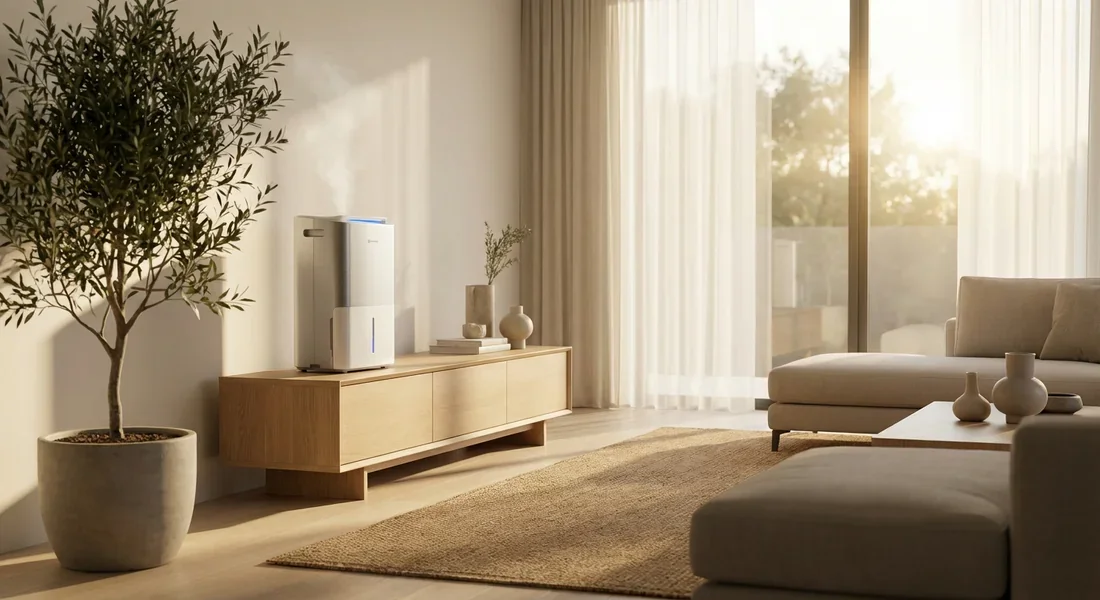 Déshumidificateur d'air design dans un salon lumineux Salon moderne et sain avec un déshumidificateur élégant en marche dans une ambiance de bien-être.