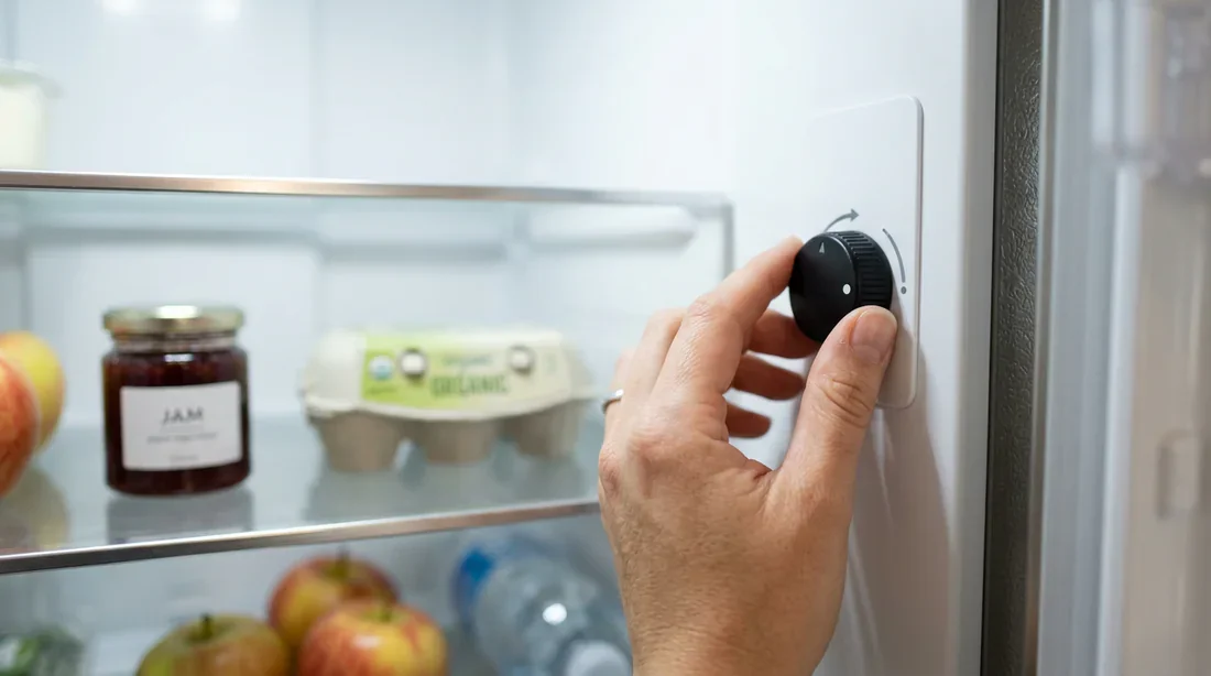 Main ajustant la molette de thermostat à l'intérieur d'un réfrigérateur