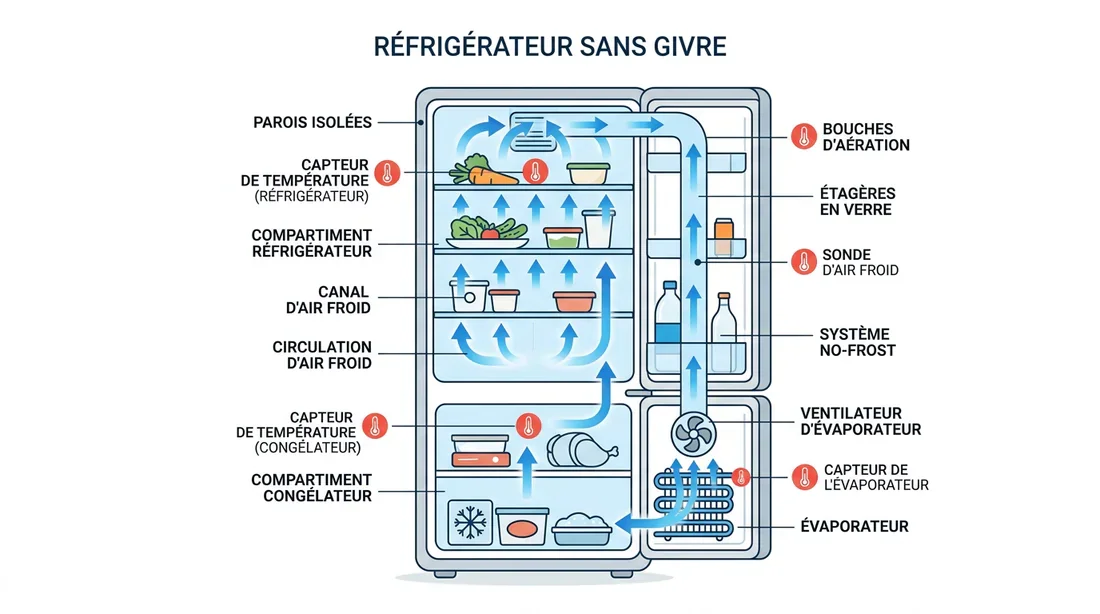 Schéma explicatif de la circulation d'air et de la sonde de température