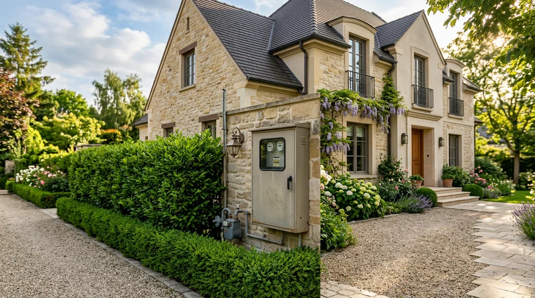 Coffret de raccordement électrique en limite de propriété Coffret d'électricité et raccordement en bordure d'une maison individuelle.