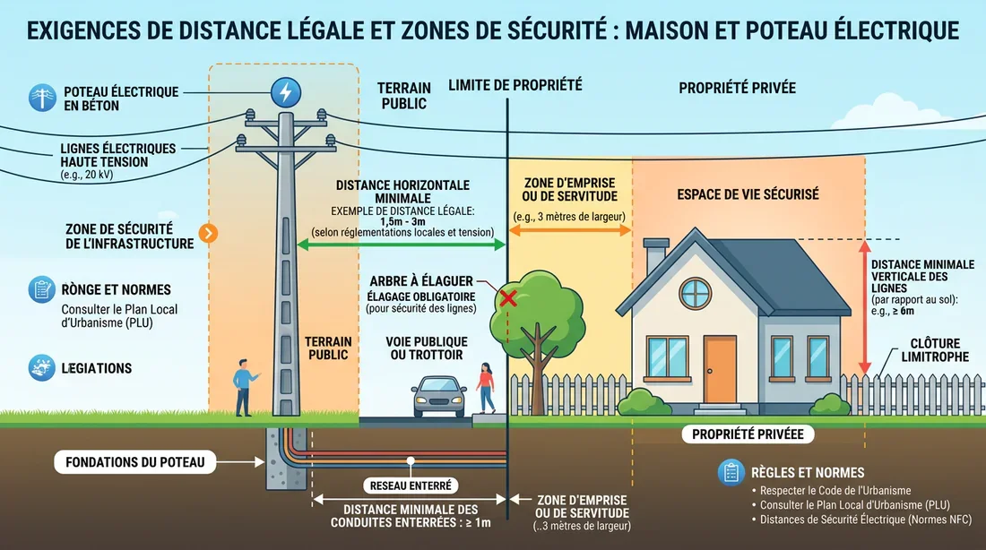 Réglementation et distances pour un poteau électrique Schéma explicatif des distances réglementaires entre un poteau électrique et une limite de propriété.