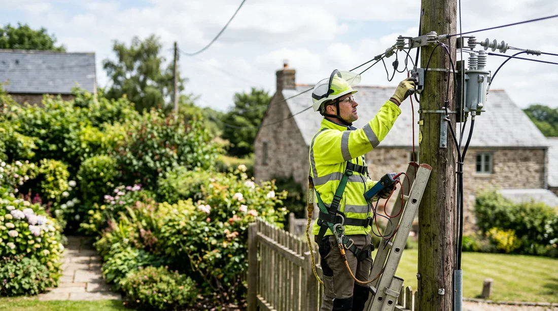 Intervention d'un technicien sur un poteau électrique Technicien Enedis réalisant une inspection technique d'un poteau électrique.