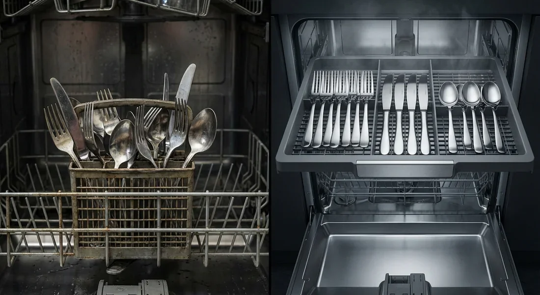 Comparatif visuel : Panier vs Tiroir lave-vaisselle Comparaison visuelle entre un panier à couverts traditionnel encombré et un tiroir à couverts moderne parfaitement organisé dans un lave-vaisselle.