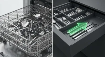 Comparatif panier classique vs tiroir moderne avec indicateur de gain de place.