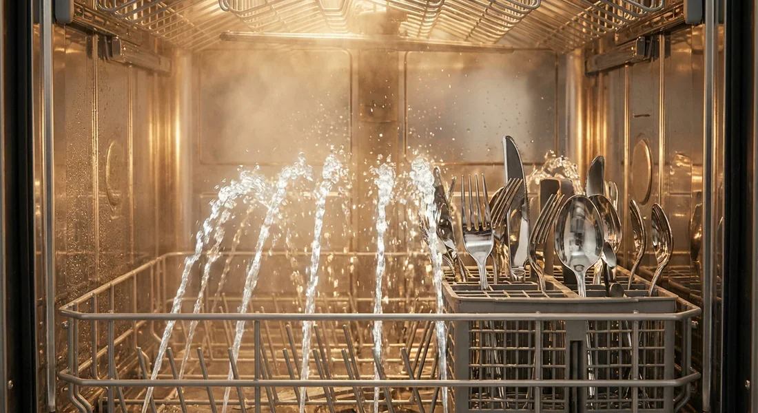 Efficacité du lavage en tiroir Jets d'eau nettoyant les couverts disposés dans un tiroir supérieur pour une hygiène maximale.