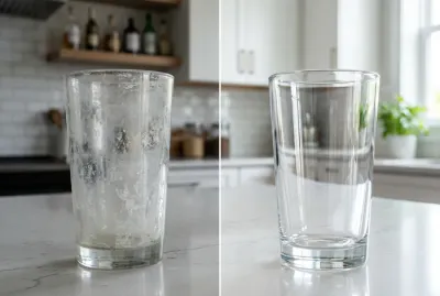 Comparaison entre un verre terne avec dépôt blanc et un verre totalement transparent