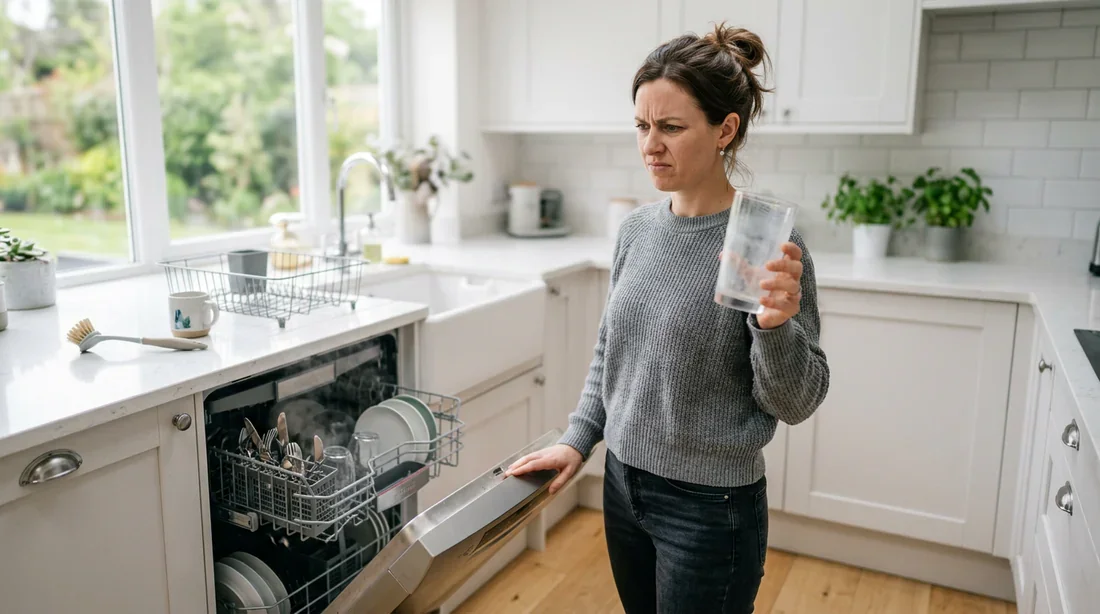 Verre terne à la sortie du lave-vaisselle Personne frustrée tenant un verre blanc et voile après le lavage au lave-vaisselle